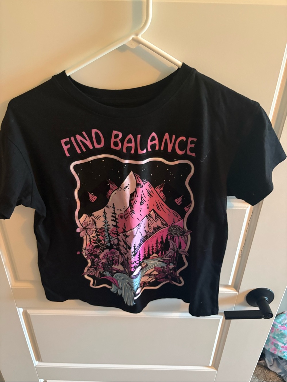 JUNIORS Black Graphic Tee with Pink Mountain Design - Find Balance